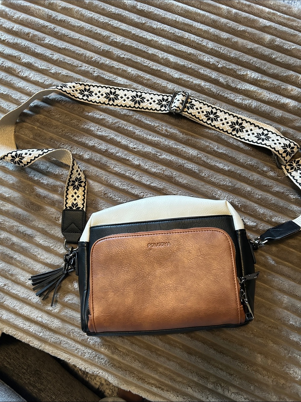 Three-Tone Crossbody Bag with Detachable Strap - Brown/Black/Cream